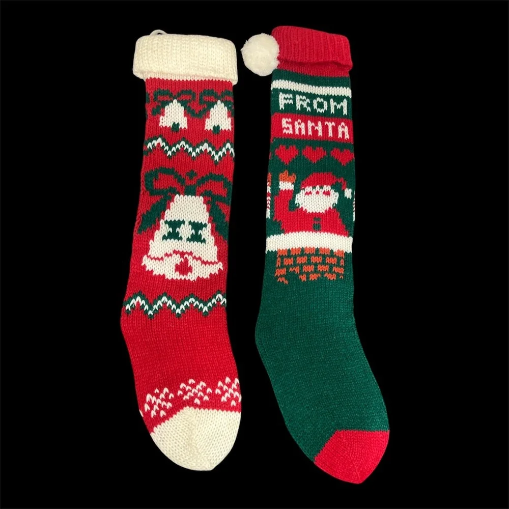 Vintage Inspired Christmas Knit Stockings Set 2pc Holiday Retro Santa Bell